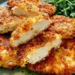 Crispy air fryer breaded chicken breast on a plate with vegetables