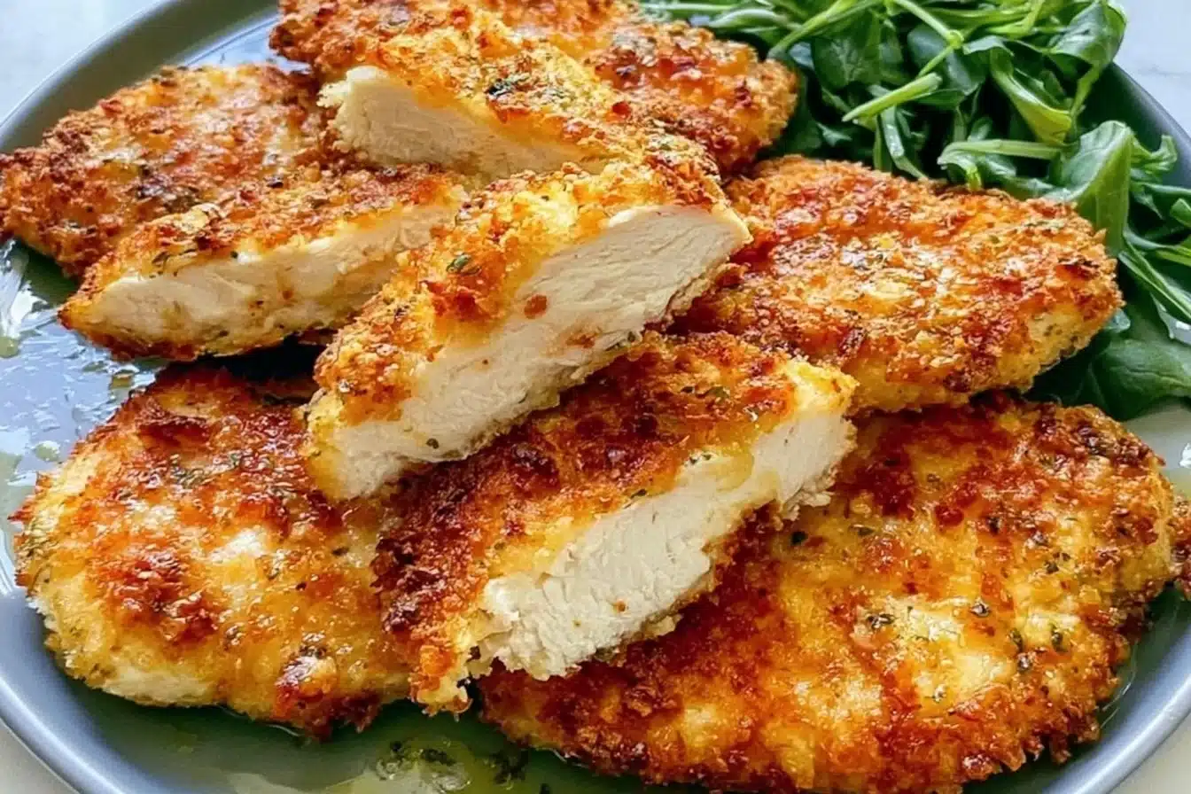 Crispy air fryer breaded chicken breast on a plate with vegetables
