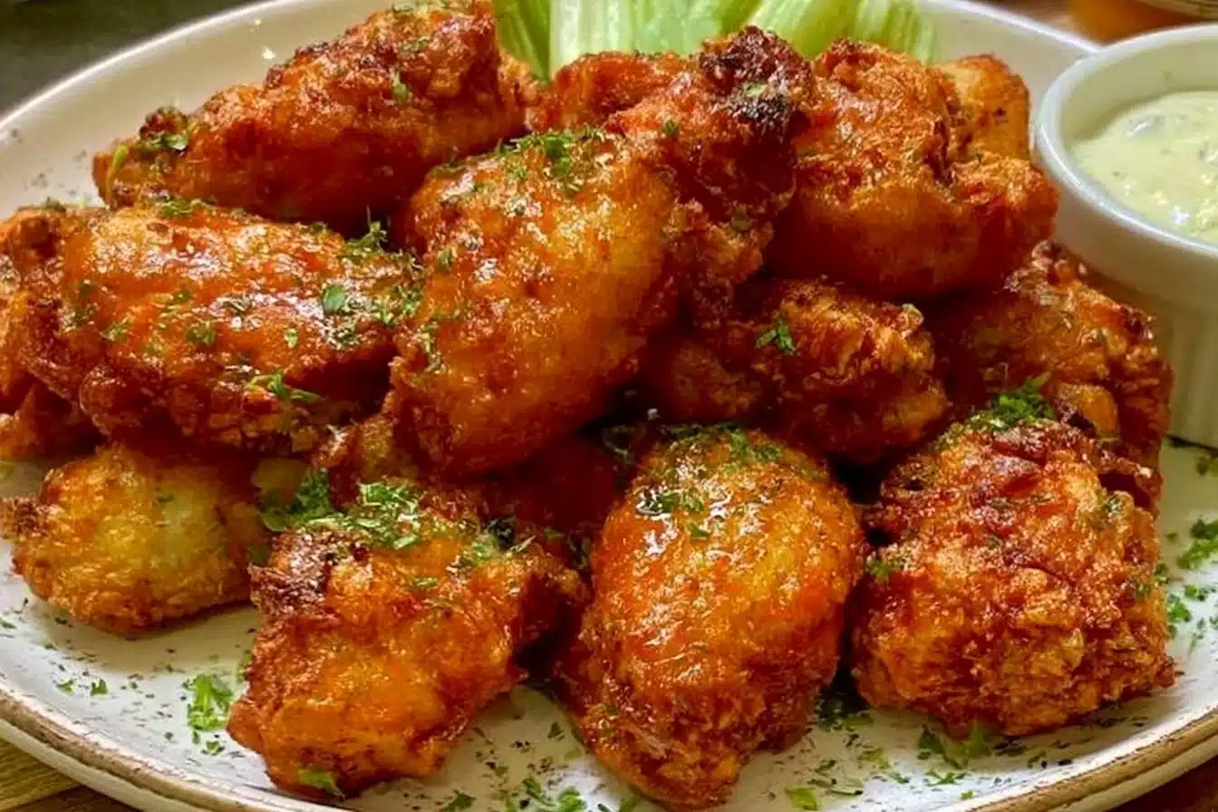 Crispy Air Fryer Buffalo Chicken served on a plate with dipping sauce