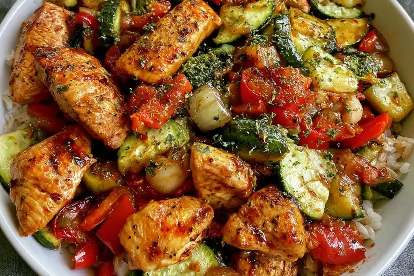 Air fryer chicken and veggies recipe with colorful bell peppers and healthy ingredients.