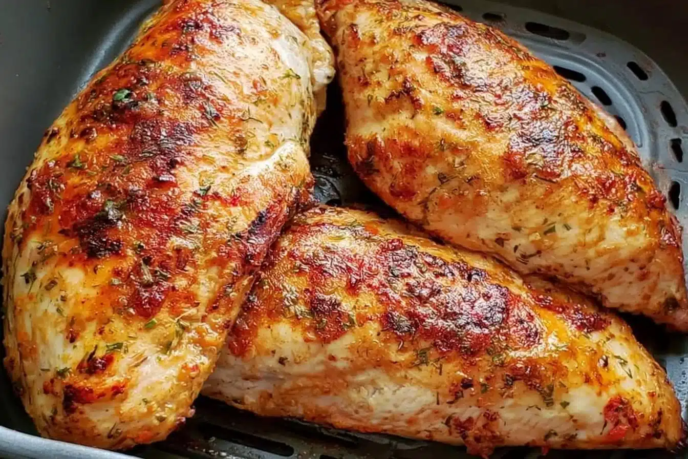Juicy air fryer chicken breast with no breading on a plate