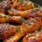 Crispy air fryer chicken drumsticks served with a side of vegetables.