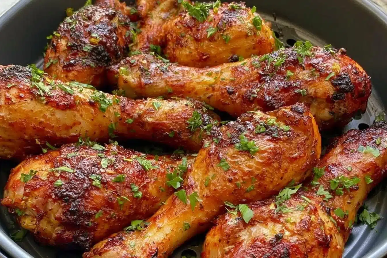 Crispy air fryer chicken drumsticks served with a side of vegetables.