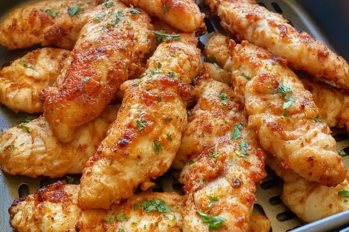 Crispy air fryer chicken tenders without breading served on a plate