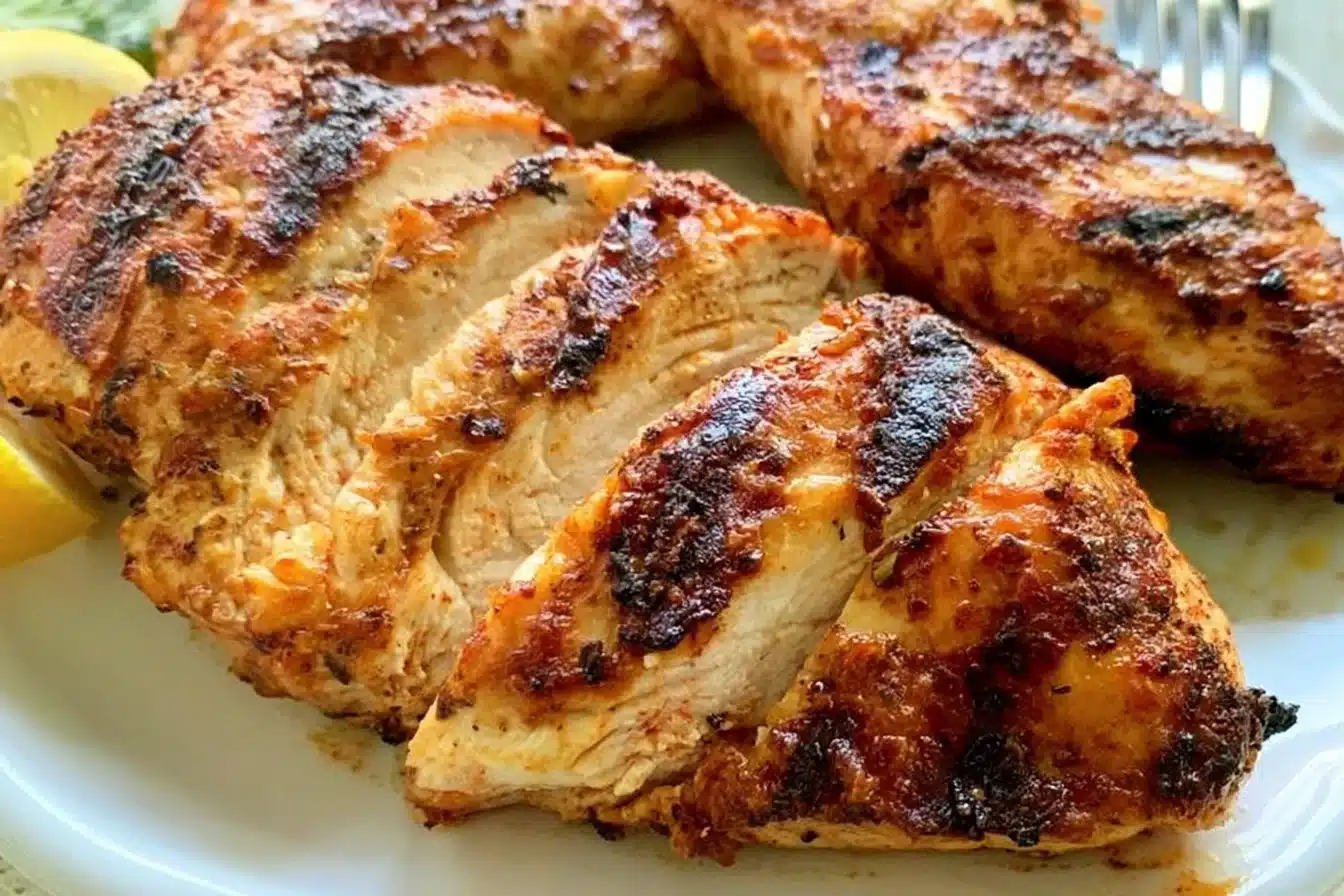 Delicious air fryer grilled chicken breasts plated with herbs and spices.