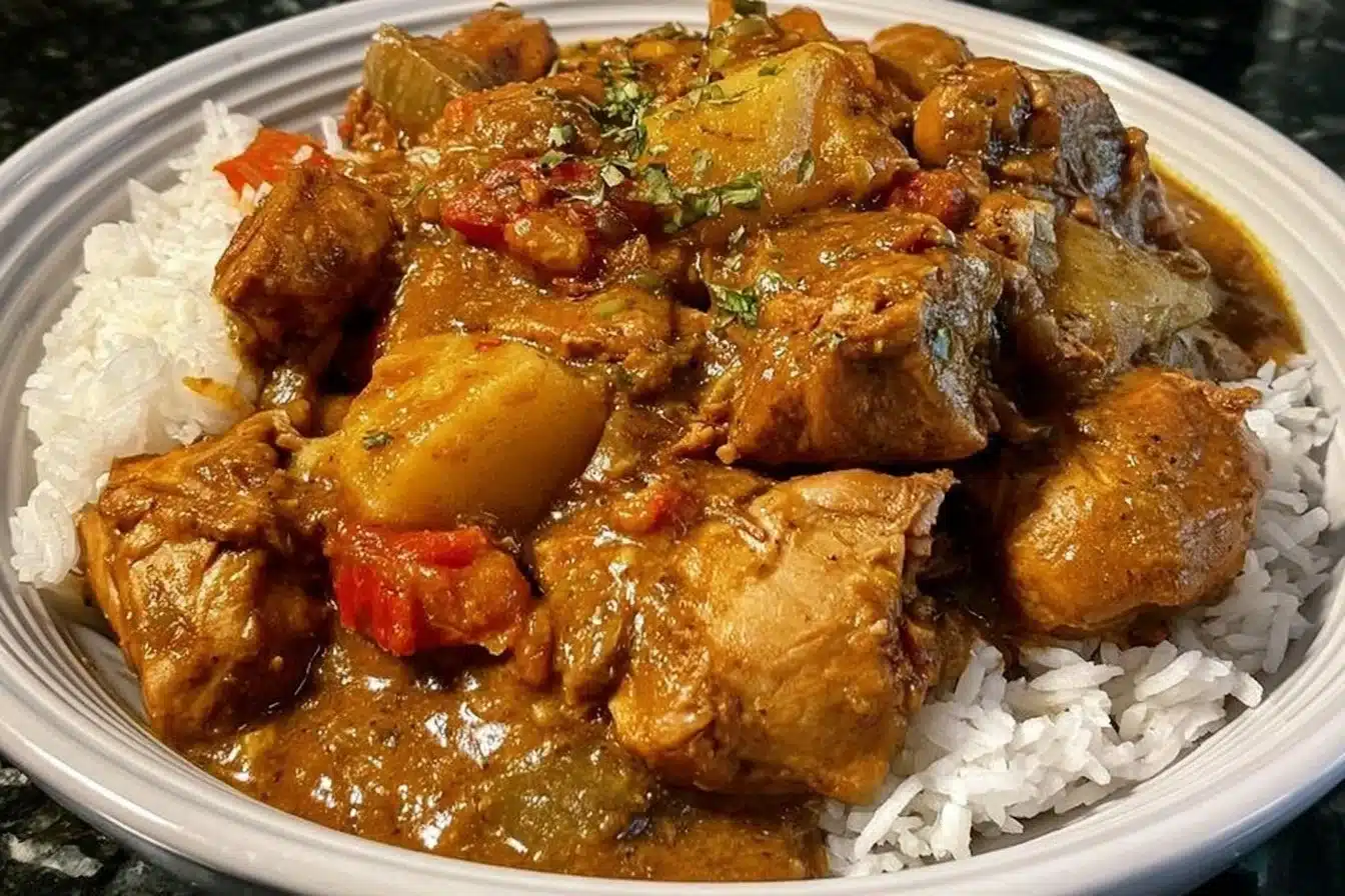 Delicious Jamaican Curry Chicken served in a vibrant dish