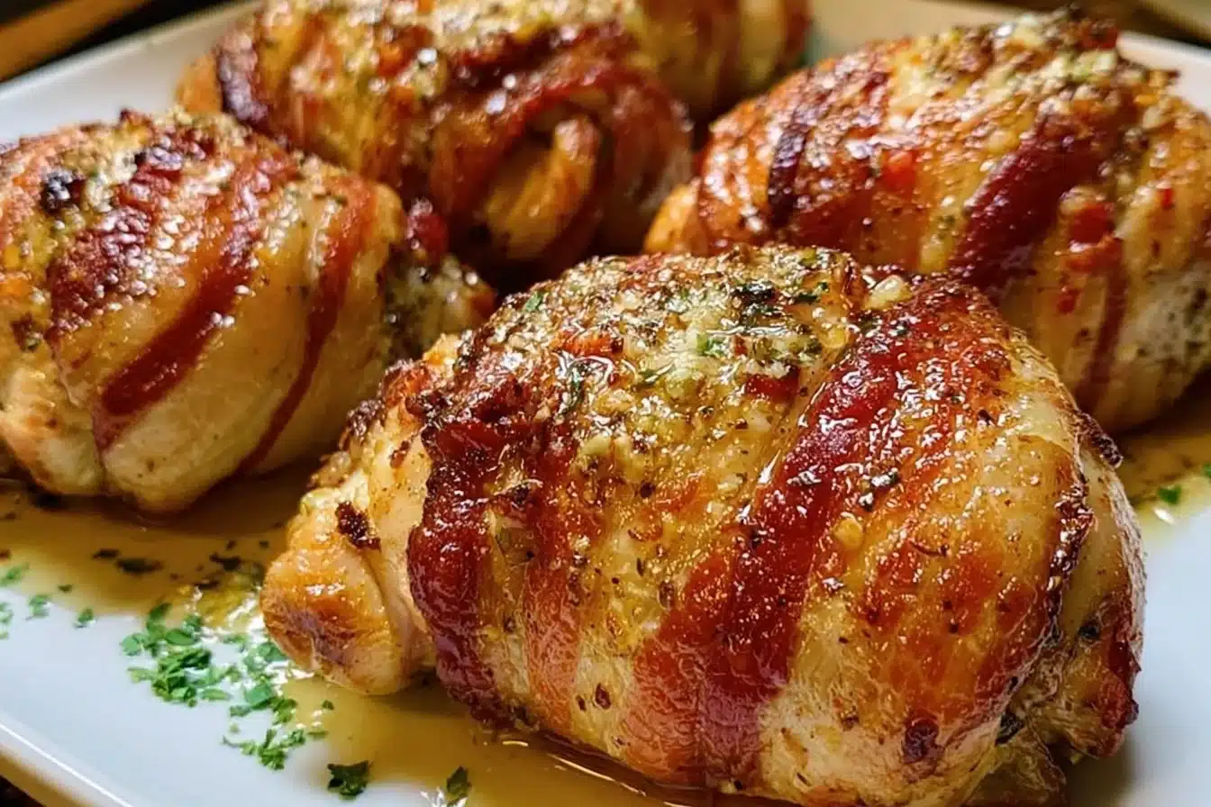 Bacon wrapped garlic parmesan chicken cooked to perfection for dinner.
