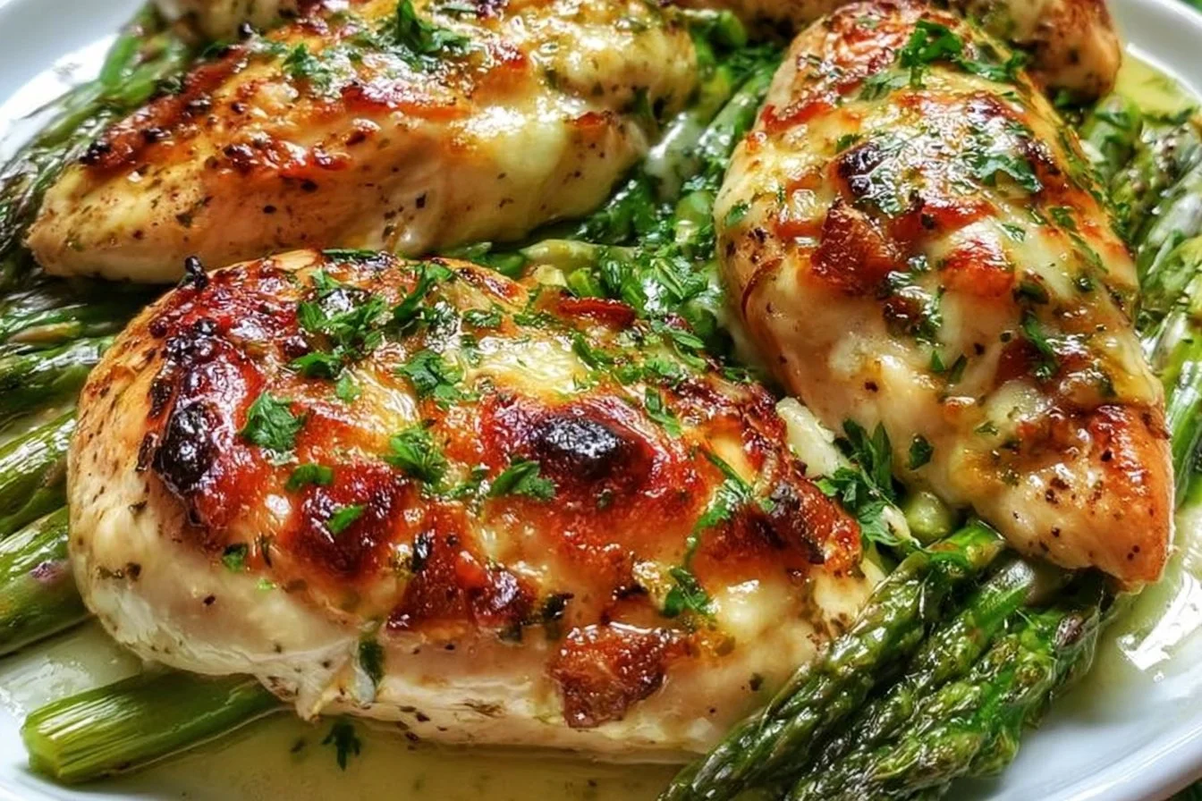 Delicious baked chicken served with fresh asparagus on a plate