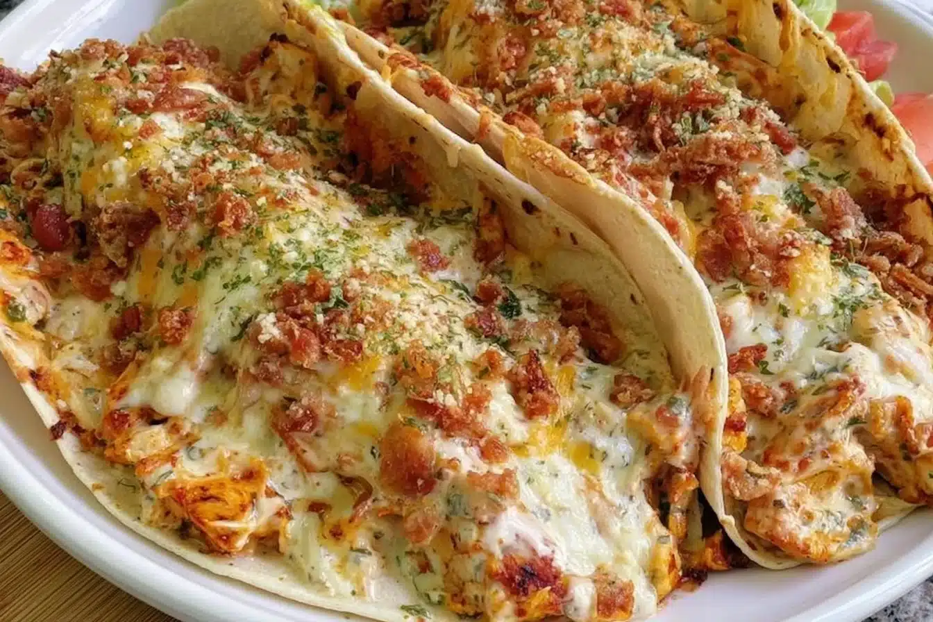 Baked chicken bacon ranch tacos topped with fresh ingredients