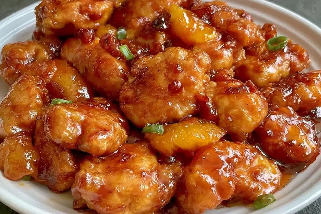 Delicious Baked Orange Chicken served with a side of vegetables and rice