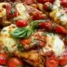 Balsamic chicken with fresh tomatoes and mozzarella cheese served on a plate