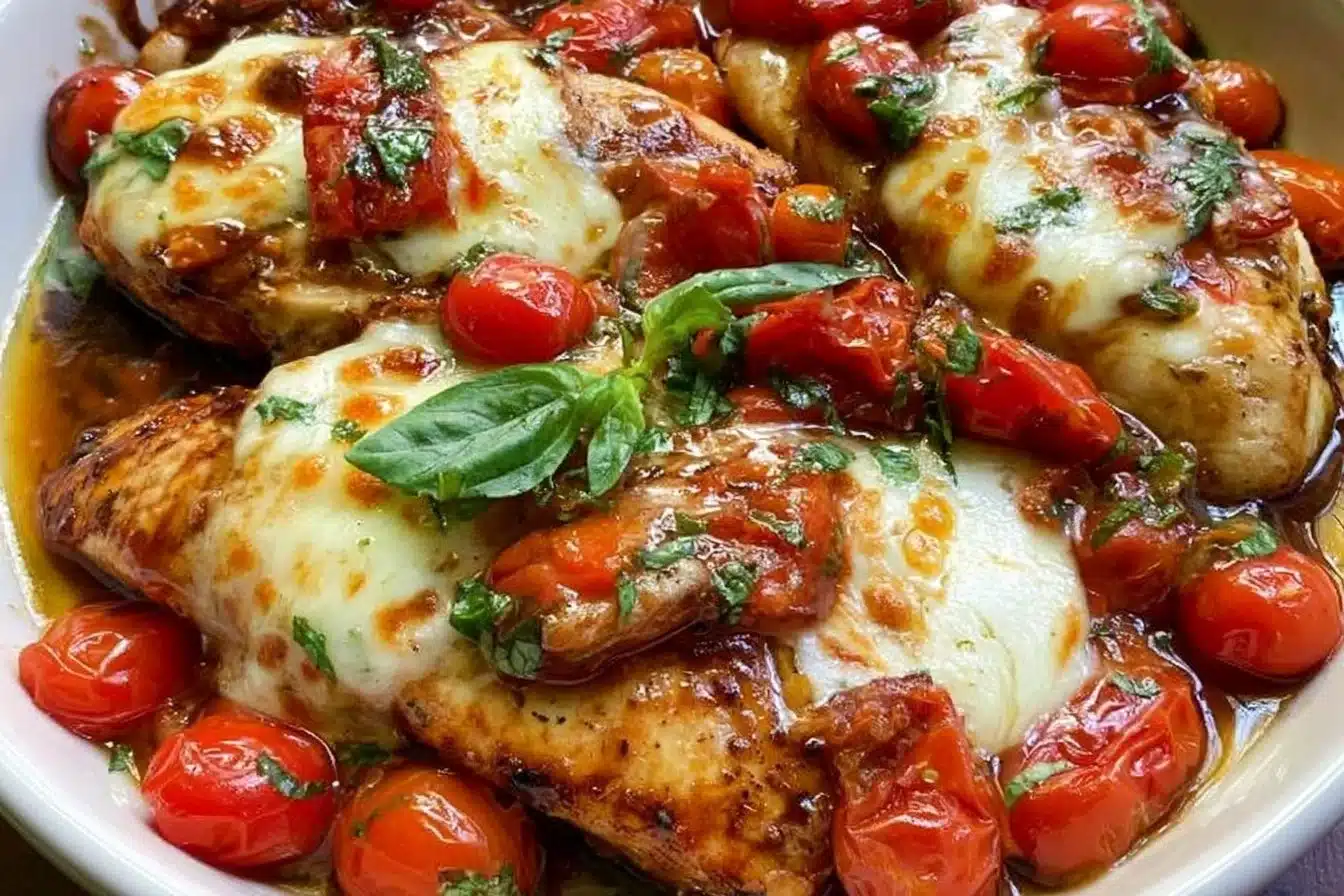 Balsamic chicken with fresh tomatoes and mozzarella cheese served on a plate