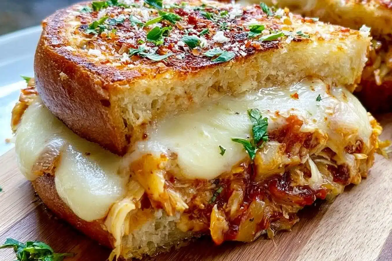 BBQ Chicken Grilled Cheese sandwich with melted cheese and grilled chicken.