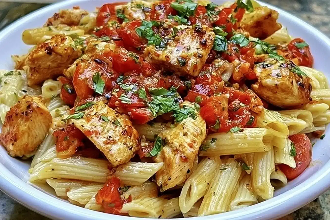 Delicious Bruschetta Chicken Pasta topped with fresh tomatoes and herbs