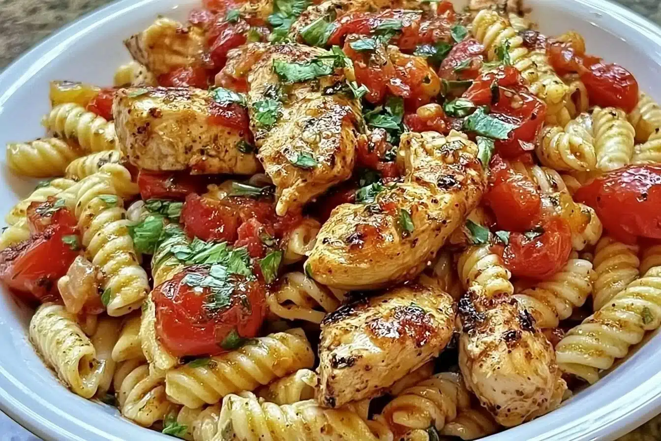 Delicious Bruschetta Chicken Pasta plated with fresh basil and tomatoes