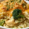 Cheesy broccoli chicken and rice casserole in a baking dish