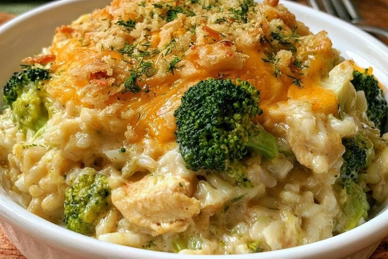 Cheesy broccoli chicken and rice casserole in a baking dish