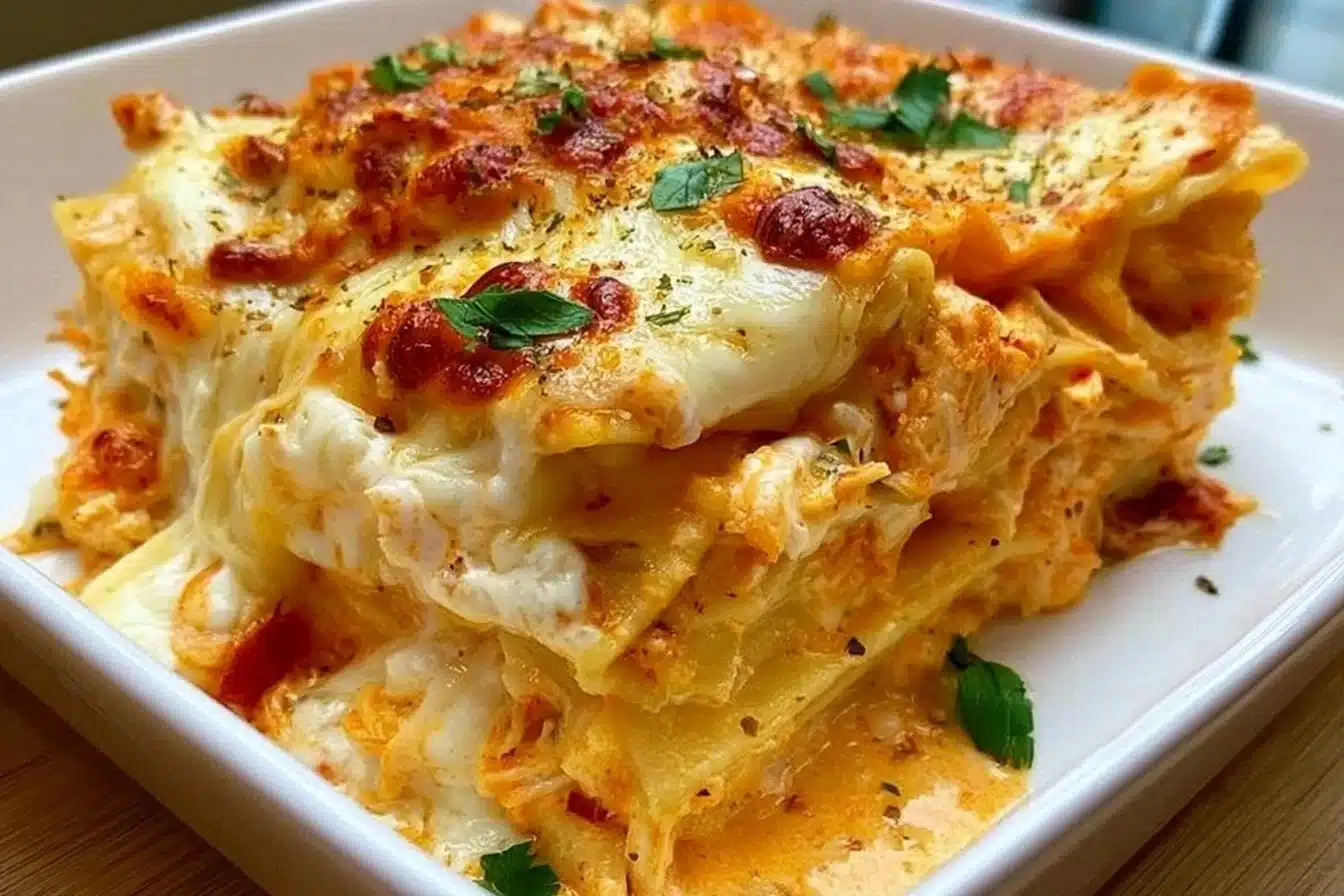 Cheesy Buffalo Ranch Chicken Lasagna served in a dish with fresh herbs.
