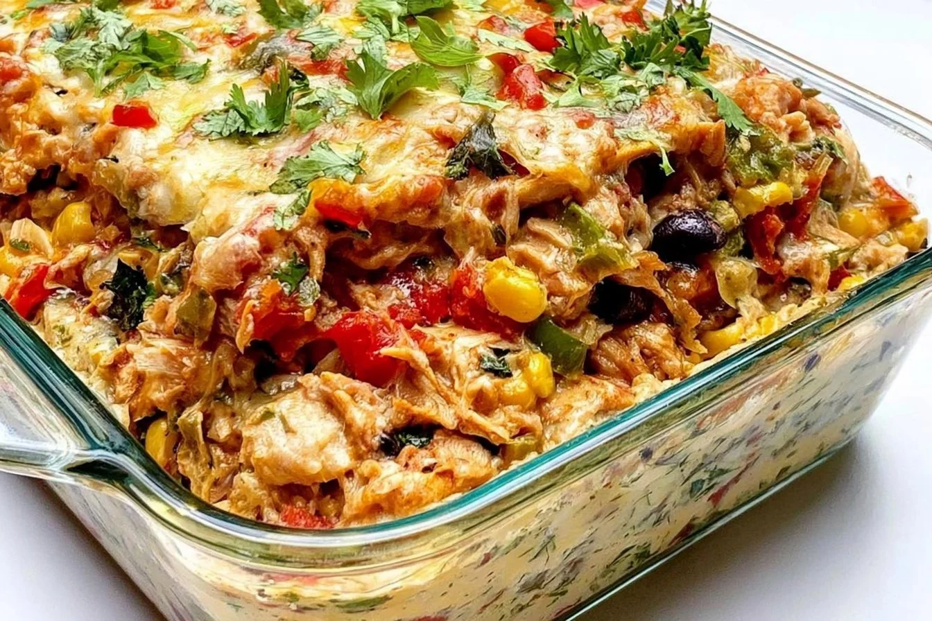 Delicious Chicken Burrito Casserole ready in one pot in 30 minutes