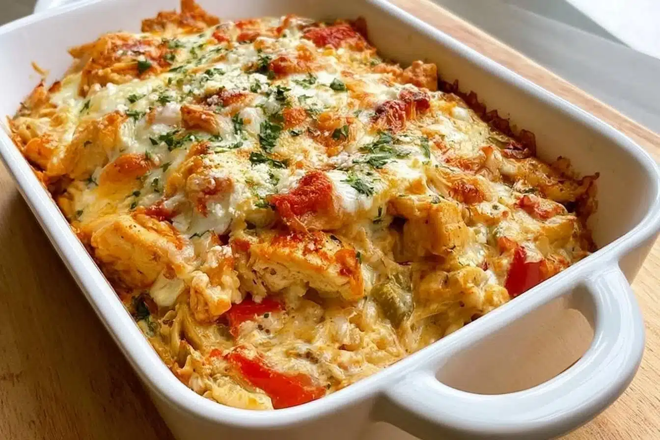 Delicious Chicken Fajita Casserole topped with cheese and peppers