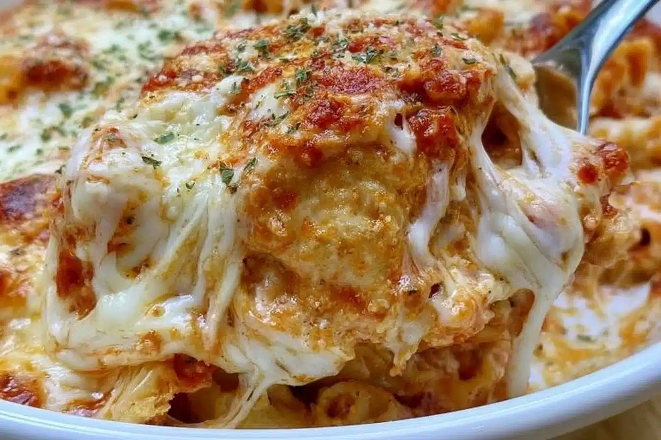 Chicken Parm Casserole topped with melted cheese and marinara sauce