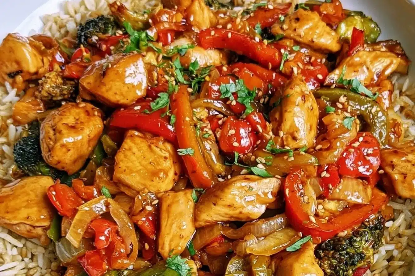 Delicious chicken stir fry served in a bowl with vegetables