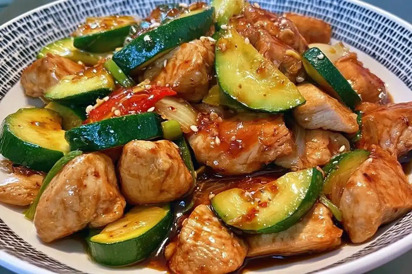 Chicken zucchini stir fry in a colorful dish, perfect for a quick weeknight meal.