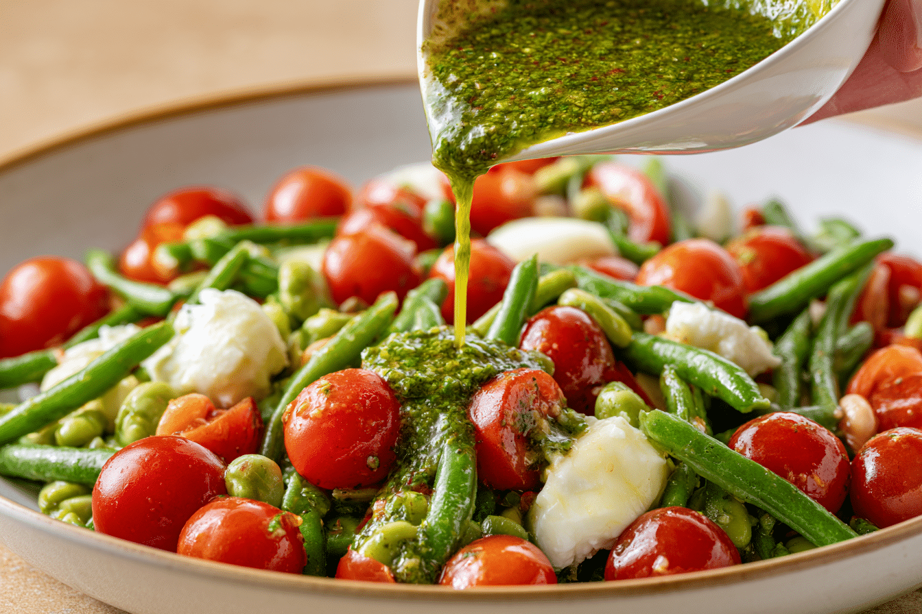 Close-up photograph of a vibrant green pesto dressing being drizzled over a fresh caprese dense bean salad, with cherry tomatoes and mozzarella clearly visible.