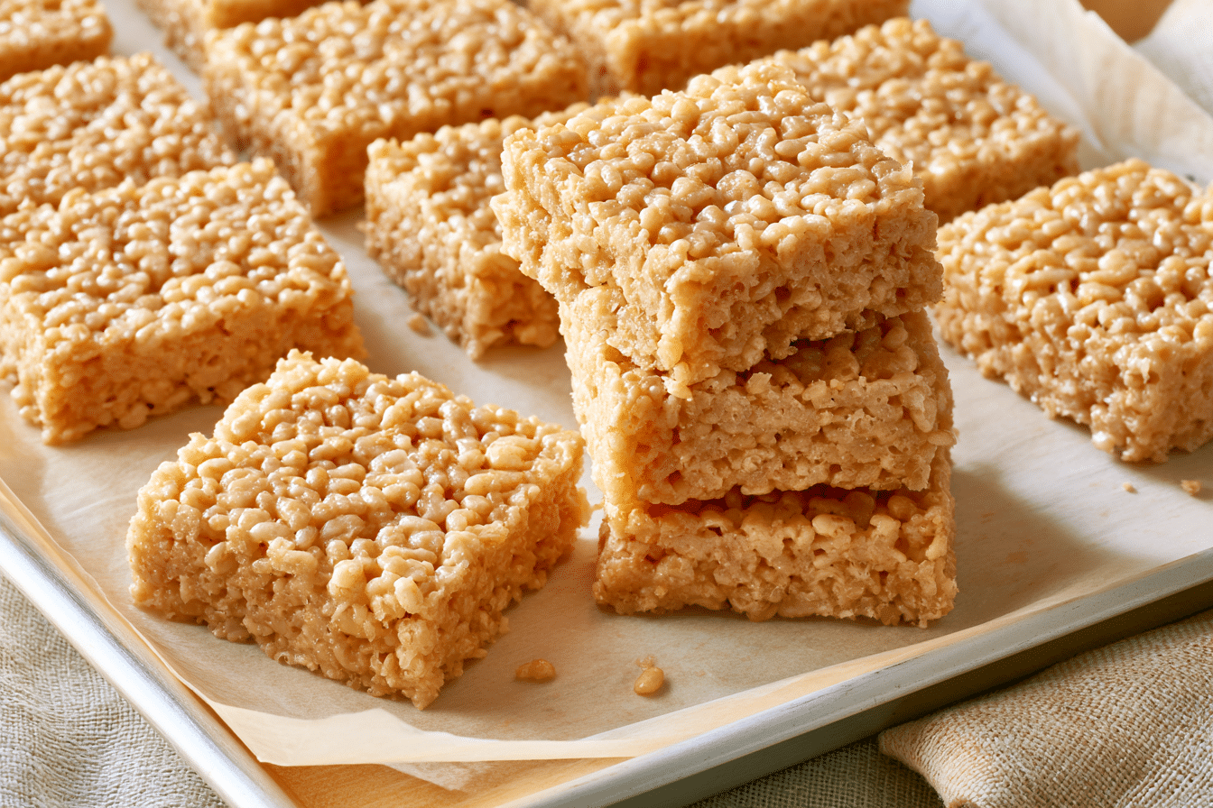 Close-up photograph of high protein rice crispy treats cut into squares on a parchment-lined baking dish, with a few pieces stacked, showing their texture and golden-brown color.