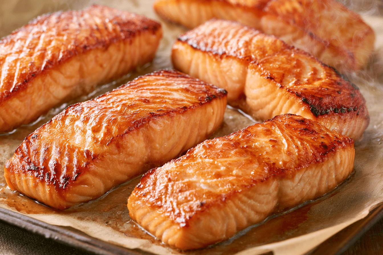 Close-up shot of perfectly cooked salmon fillets with a golden-brown, slightly charred exterior, resting on a baking sheet lined with parchment paper, with steam subtly rising.