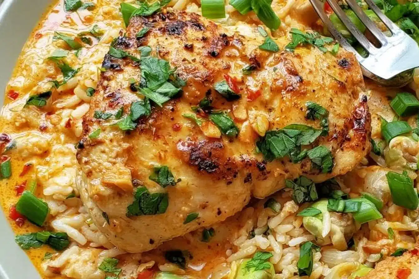Plate of Coconut Lime Chicken served with rice and fresh lime wedges