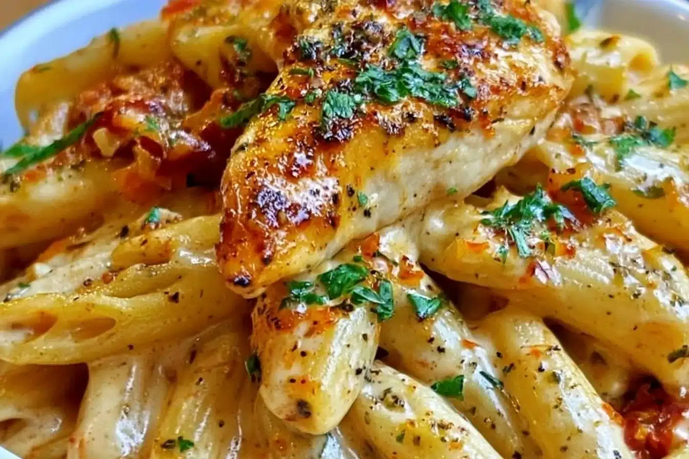 Creamy Cajun chicken pasta dish with vibrant spices and rich sauce
