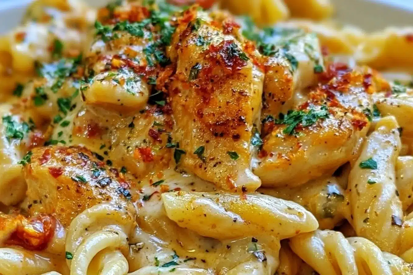 Creamy Cajun chicken pasta in a bowl garnished with parsley.