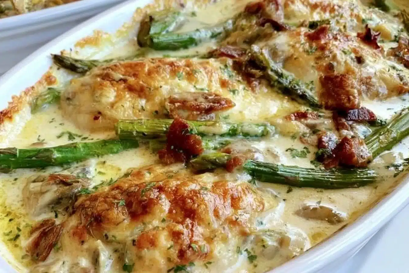 Creamy chicken bake with asparagus served in a stylish dish.