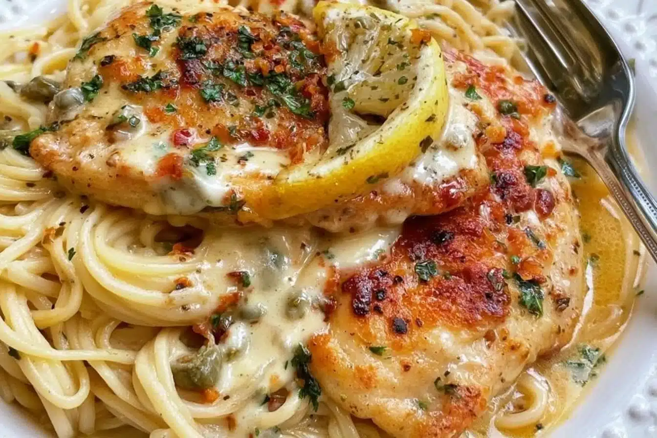 Creamy Lemon Chicken Piccata served with pasta and lemon slices
