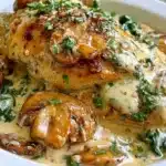 Creamy Parmesan Keto Chicken with Spinach and Mushrooms served on a plate