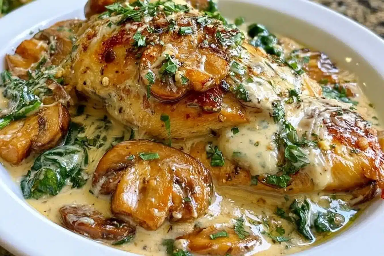 Creamy Parmesan Keto Chicken with Spinach and Mushrooms served on a plate
