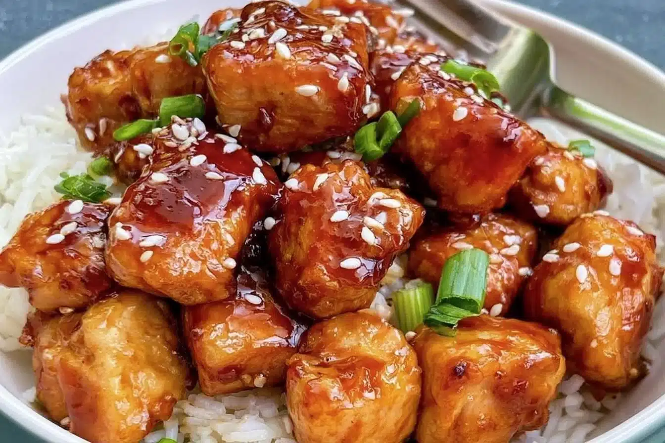 Healthy sesame chicken served with vegetables on a plate