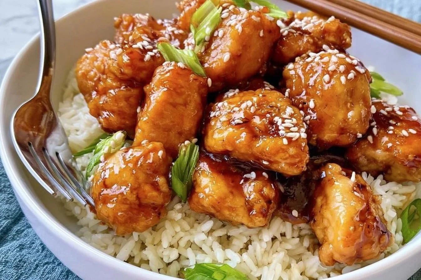 Healthy sesame chicken dish served with vegetables on a plate