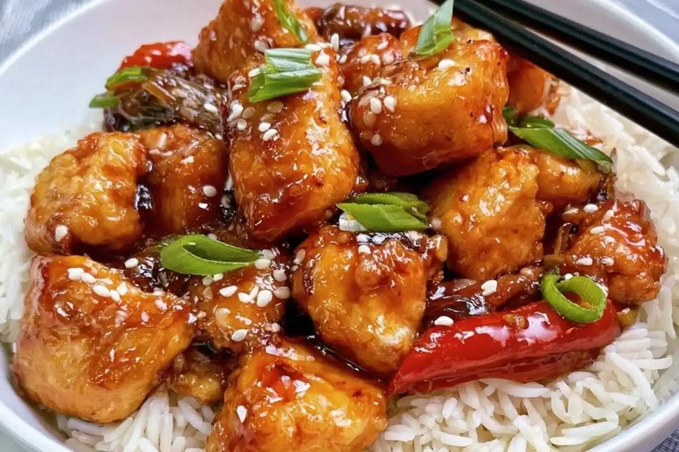 Healthy sesame chicken served with vegetables for a quick weeknight meal.