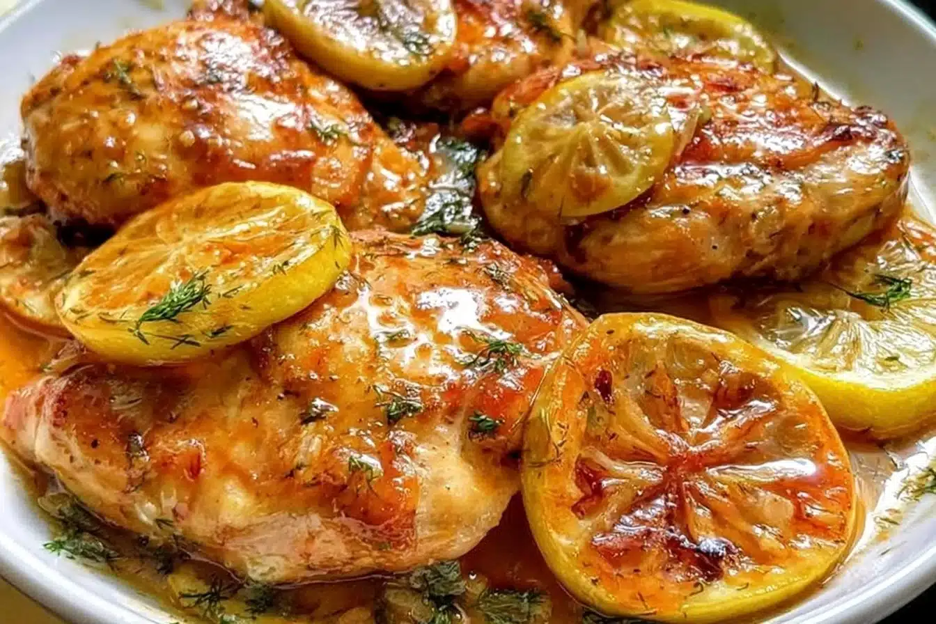 Plate of easy lemon dill chicken garnished with fresh herbs