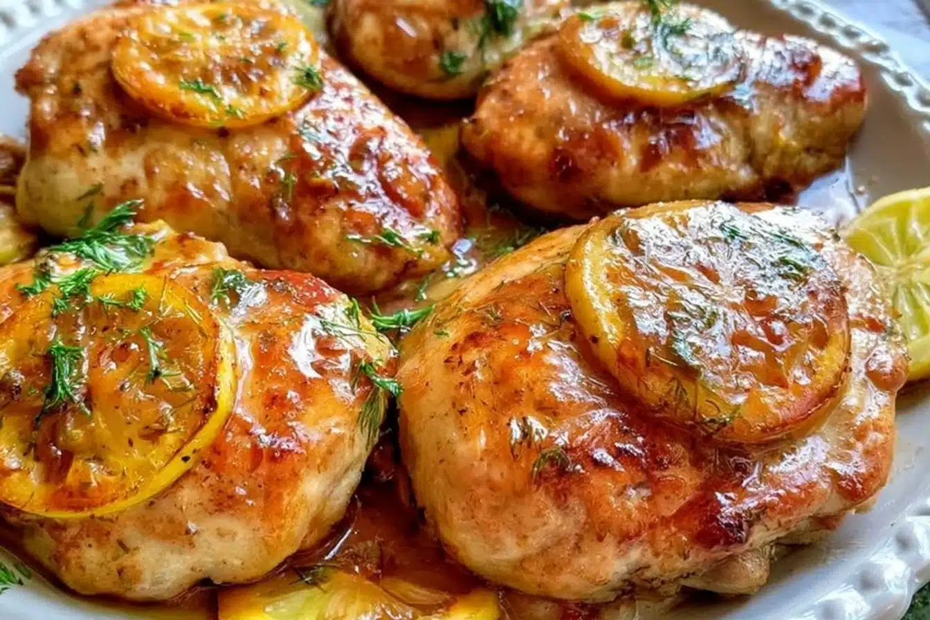 Delicious lemon dill chicken served on a plate with fresh herbs.