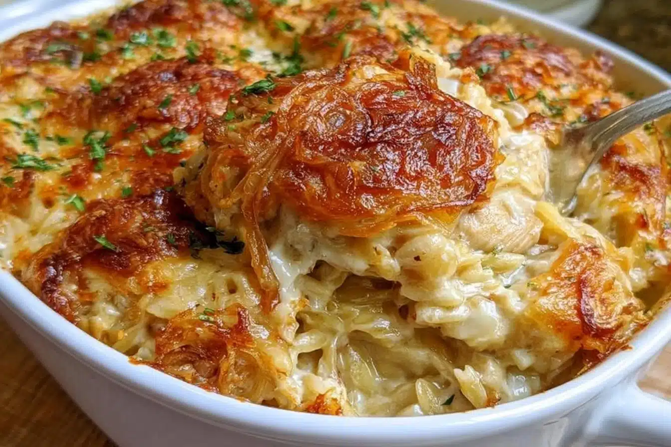 Delicious French Onion Chicken Orzo Casserole topped with melted cheese.