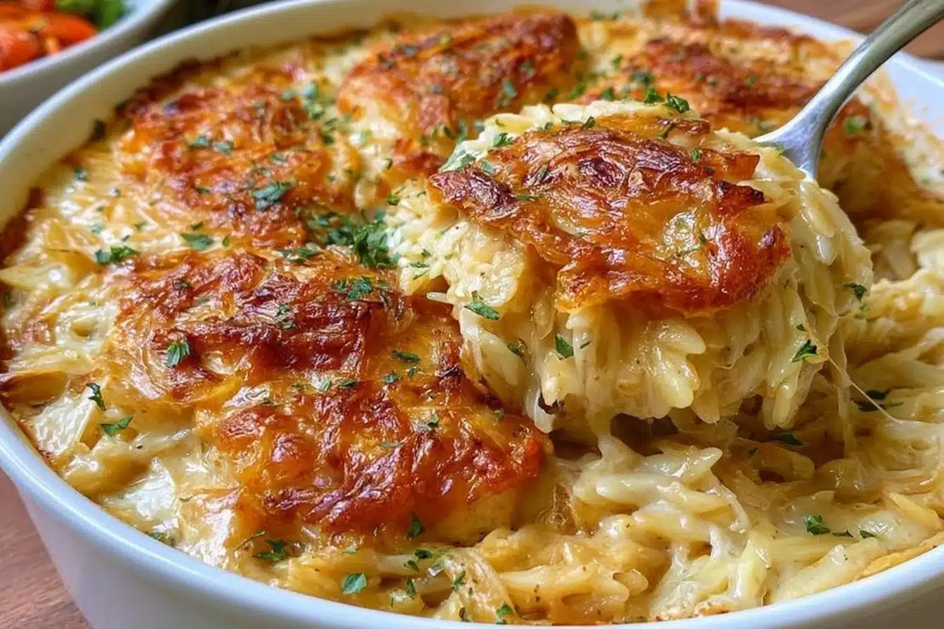 French onion chicken orzo casserole topped with cheese and herbs