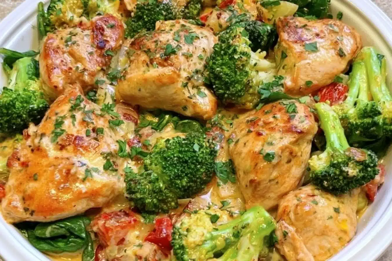 Garlic Chicken with Broccoli and Spinach dish served on a plate