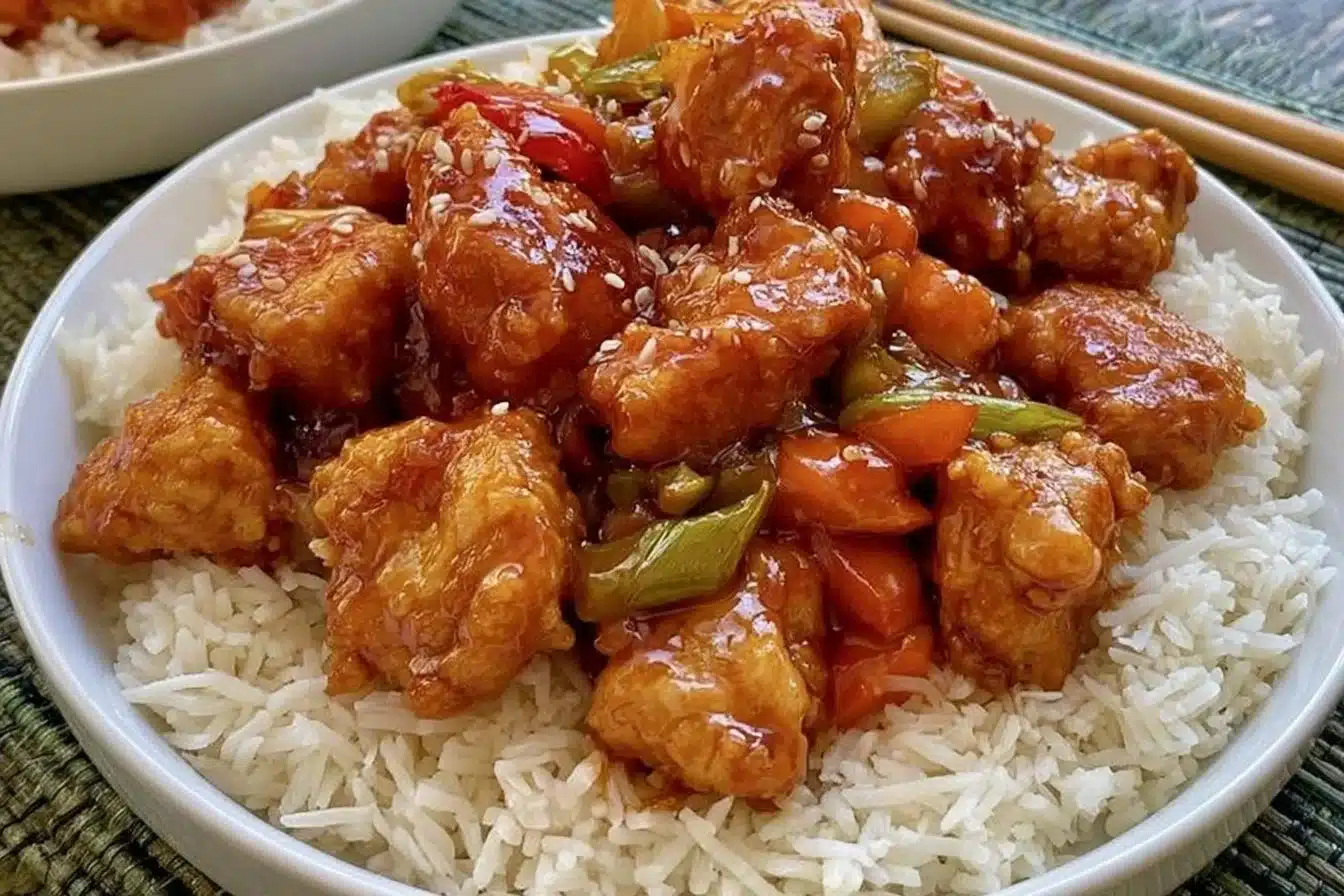 Delicious homemade General Tso Chicken served with rice and vegetables