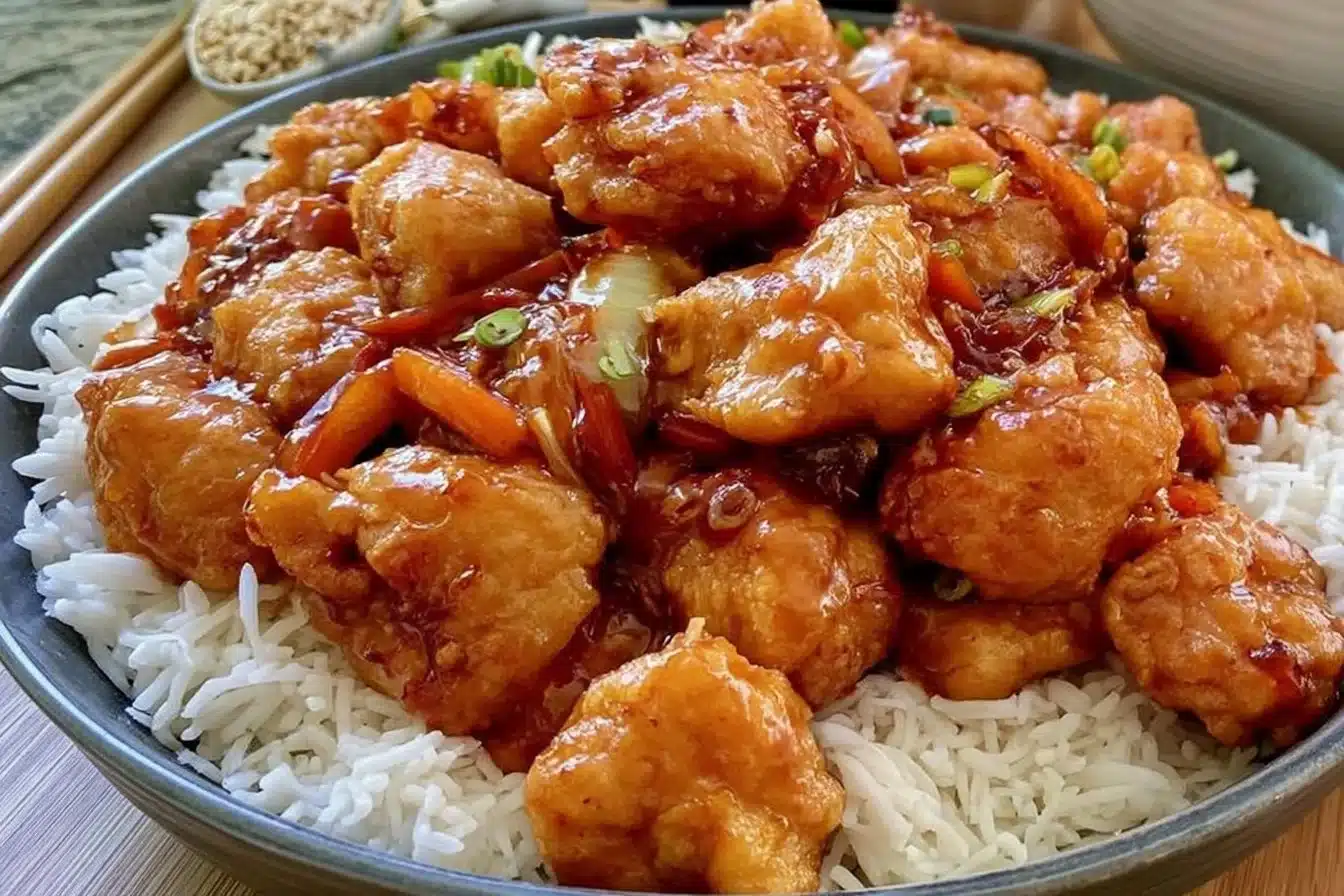 Plate of General Tso's Chicken with vegetables and rice