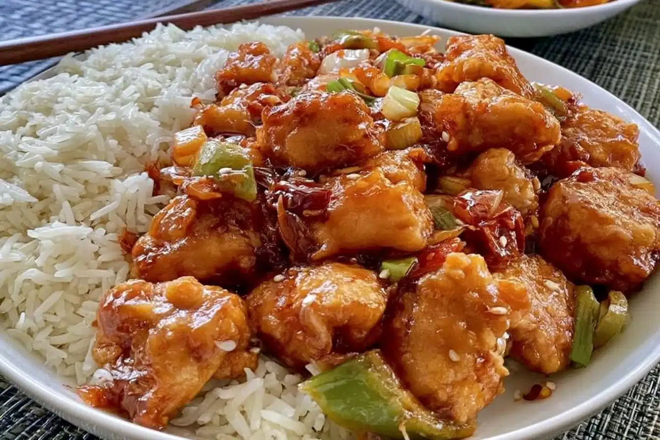 Delicious General Tso's Chicken served with steamed rice and vegetables