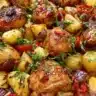 Hawaiian chicken sheet pan dinner with vegetables and pineapple
