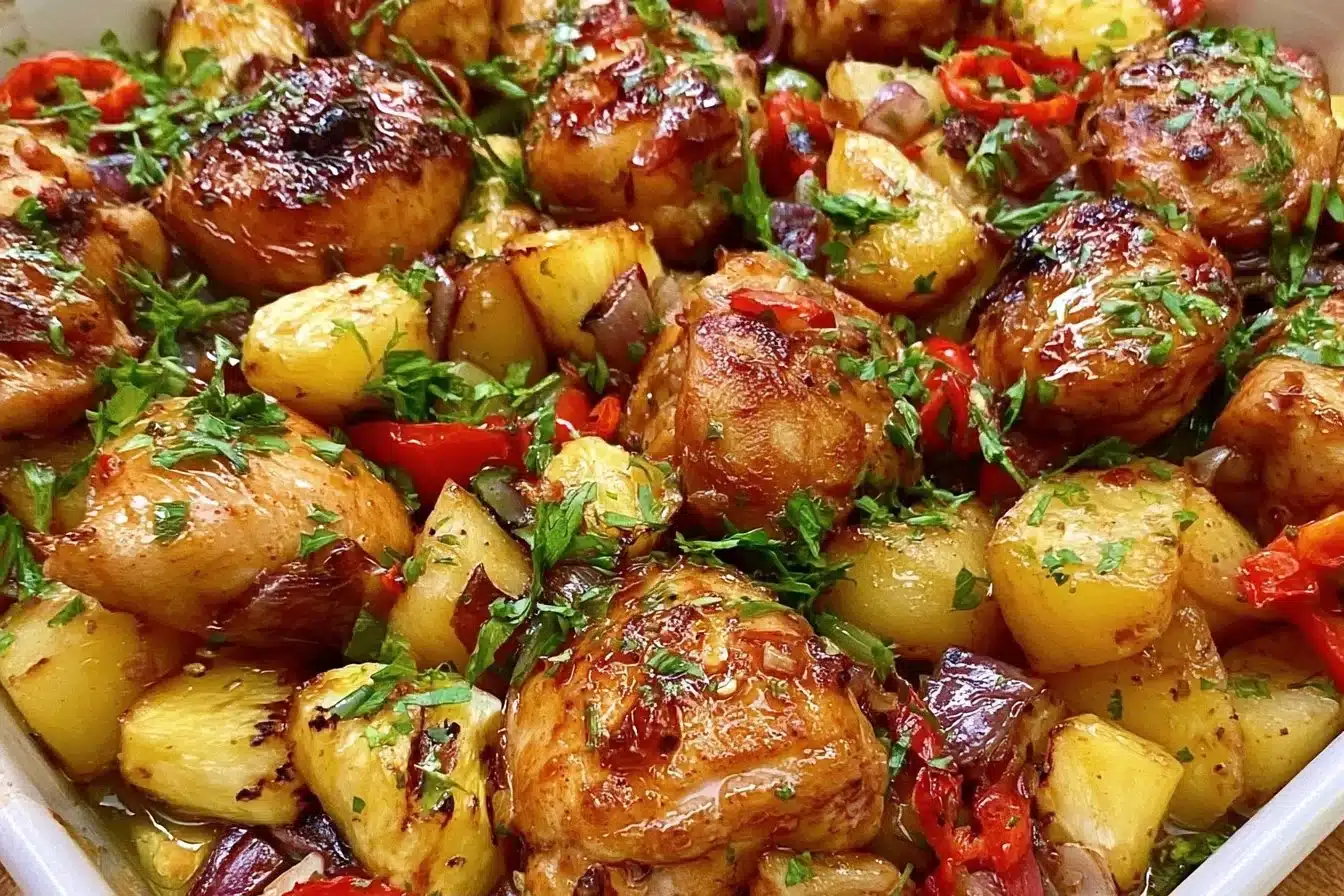 Hawaiian chicken sheet pan dinner with vegetables and pineapple